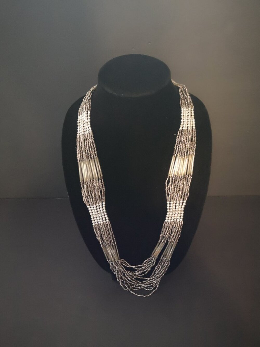 Multi Strand Dark Silver Tone & Grey Seed Beads w/ Faceted Accents Necklace